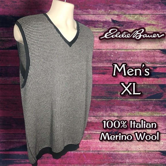 Eddie Bauer Men's Italian Merino Wool Houndstooth Sweater Vest XL Tall Black - Picture 1 of 15